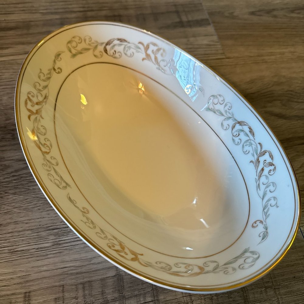 Vtg 1950s Noritake China Stanwyck Blue Leaves Gold Trim 10" Oval Vegetable Bowl